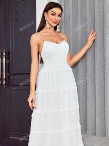 Layered Pleated Pearl Decor Long Wedding Dress, Bridal Shower Dress