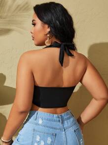 Swim Lushoire Summer Beach Plus Size V-Neck Halter Bikini Top - Black - View 2