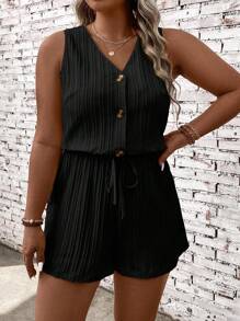 EMERY ROSE Plus Size Women's Sleeveless Button Down Front Romper For Summer - Black - View 4