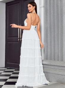 多层褶皱珍珠装饰长款婚纱，新娘送礼会礼服 - 白色 - 查看 2