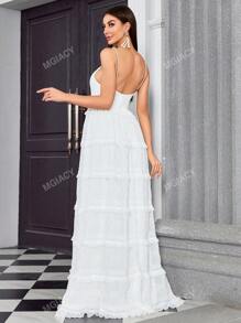 Layered Pleated Pearl Decor Long Wedding Dress, Bridal Shower Dress