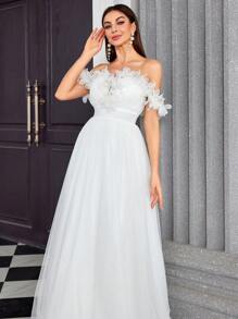 Mgiacy Off Shoulder Mesh Floral Applique Waist Bridal Shower Dress Wedding Dress,Bride - White - View 4