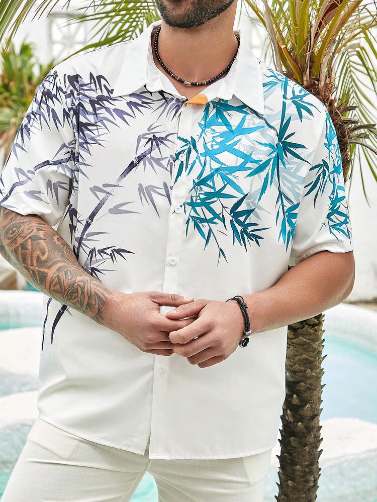 Men's Plus Size Bamboo Printed Button-Down Collar Short Sleeve Shirt