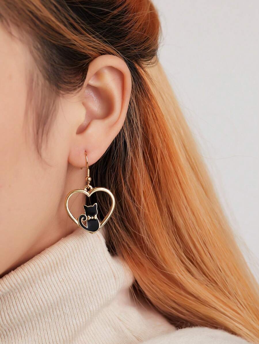 Cat Detail Heart Drop Earrings - Multicolor - View 1