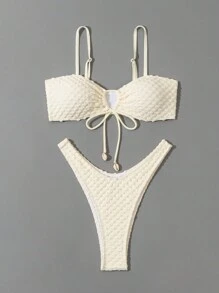 Costavie Ladies' Solid Front Cross Lace-Up Two-Piece Bikini Set, Summer Beach - Beige - View 6