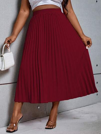SHEIN Clasi Plus Size Women's Solid Color Burgundy Pleated Maxi Skirt