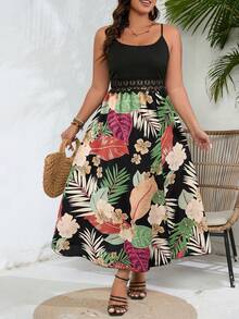 Amarilo 加大码女式花卉印花蕾丝拼布开衩吊带连衣裙（印花随机），适合夏季度假 - 黑色 - 查看 4