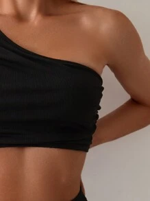SHEIN Swim 夏季海滩女式纯色不对称领口褶皱分体泳衣 - 黑色 - 查看 3