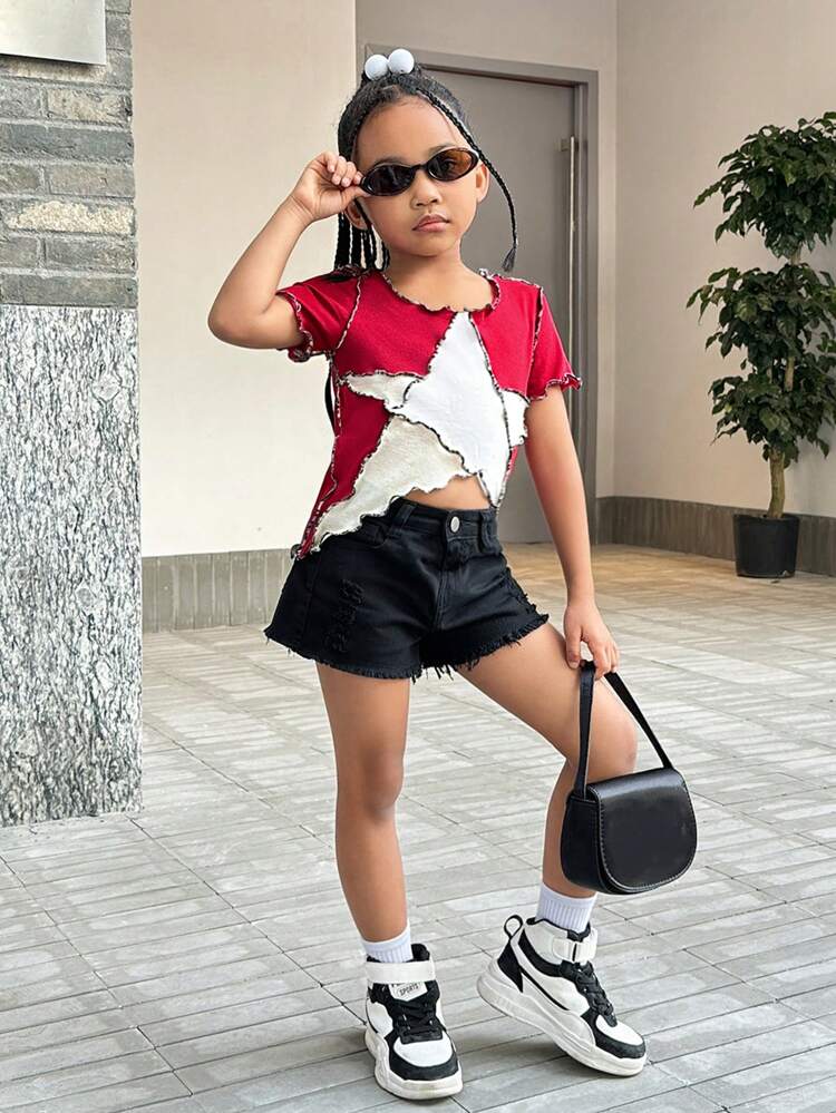 Young Girl Contrast Color Heart Print Short Sleeve T-Shirt With Exposed Seams, Simple Fashion And Versatile For Summer