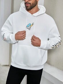 Manfinity Homme Men's Plus Size Water Gun & Letter Print Drop Shoulder Hoodie - White - View 4