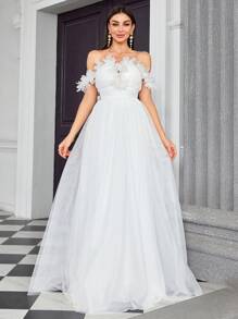 Mgiacy Off Shoulder Mesh Floral Applique Waist Bridal Shower Dress Wedding Dress,Bride - White - View 6