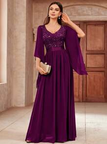 MIUSOL Đầm maxi dự tiệc trang trọng cổ chữ V sâu, đính sequin, phối ren hoa, chất liệu chiffon, thanh lịch dành cho nữ, thích hợp cho mùa xuân. - Màu Tím - Xem 7