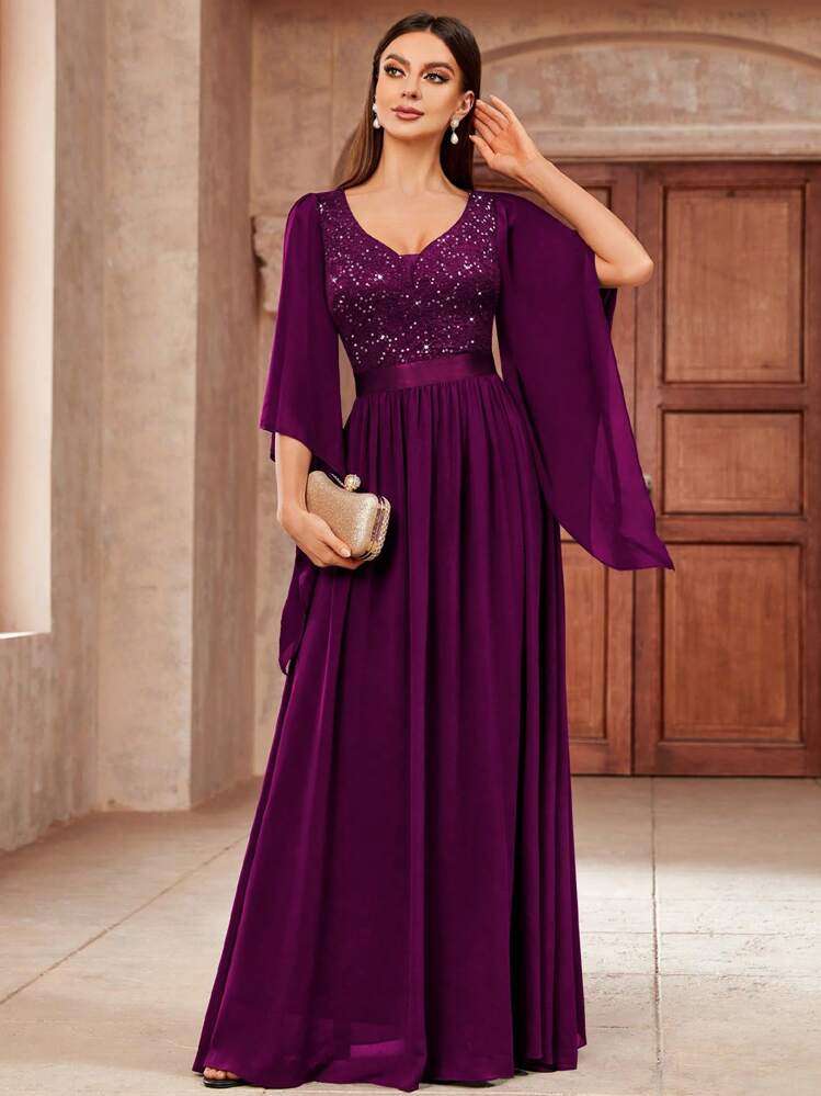 MIUSOL Deep V-Neck Sequin Patchwork Floral Lace Chiffon Formal Party Maxi Dress, Elegant Women's Party Gown Spring - Maroon - View 6