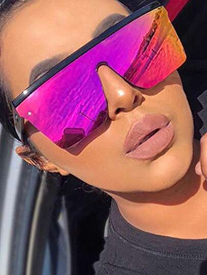 1pc Square Large Frame Studs Integrated Mirror Surface Unisex Fashion Fashion Glasses Suitable For Street, Beach, Party, Travel, Gift For Women Preppy Style For Back To School