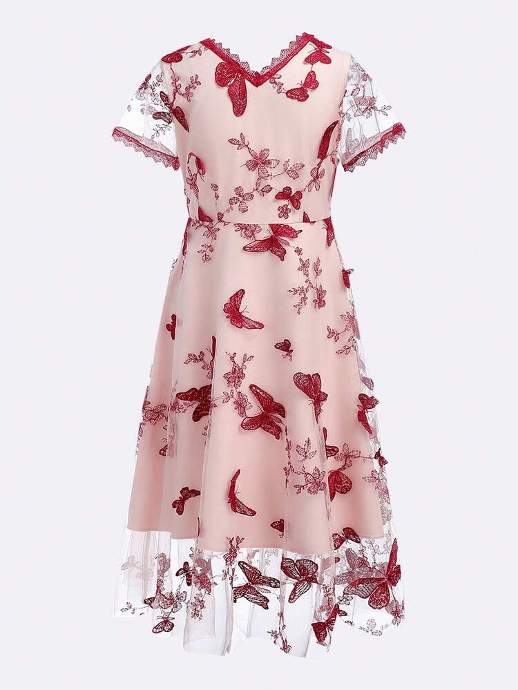 Teen Girl 3d Butterfly Print Lace Decoration Dress
