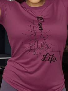 SHEIN Essnce 女士字母及人物圖案短袖t恤 - 中紫紅色 - 查看 1