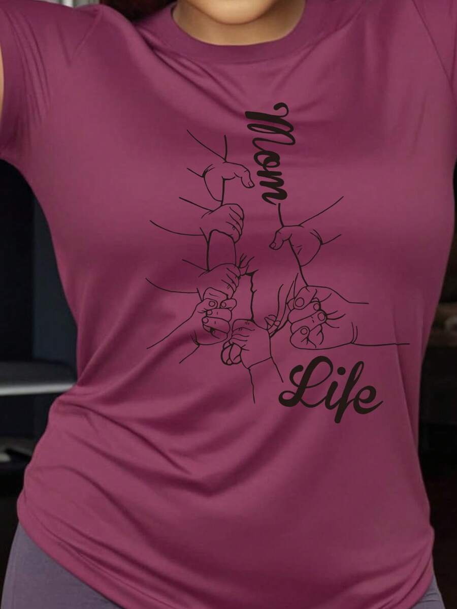 SHEIN Essnce 女士字母及人物圖案短袖t恤 - 中紫紅色 - 查看 1