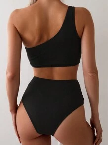 SHEIN Swim 夏季海滩女式纯色不对称领口褶皱分体泳衣 - 黑色 - 查看 2