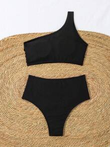 SHEIN Swim 夏季海滩女式纯色不对称领口褶皱分体泳衣 - 黑色 - 查看 5