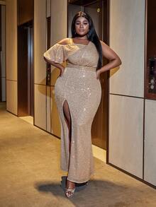 D&M Women's Plus Size Heavy Duty Beaded One Shoulder Asymmetric Strap High Slit Evening Dress With Ruffle Hem - Champagne - View 5