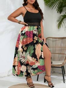 Amarilo 加大码女式花卉印花蕾丝拼布开衩吊带连衣裙（印花随机），适合夏季度假 - 黑色 - 查看 1