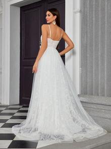 Spaghetti Strap V-Neck Embroidered Lace Mesh Flared Slit Wedding Dress - White - View 2