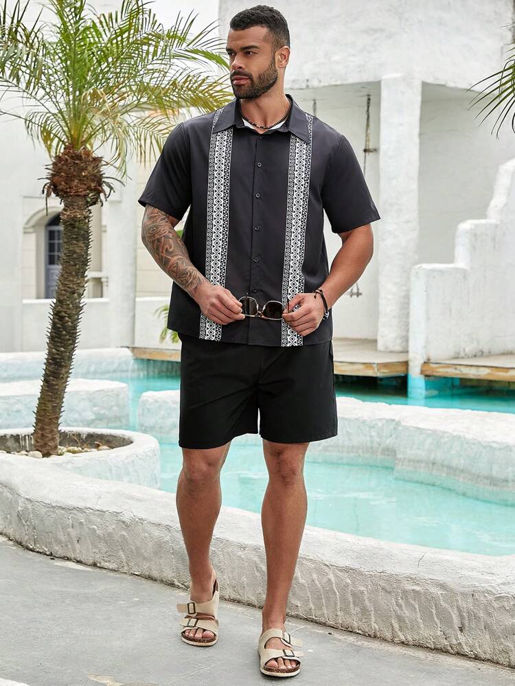 Men's Plus Size Geometric Pattern Short Sleeve Shirt And Shorts Set For Summer