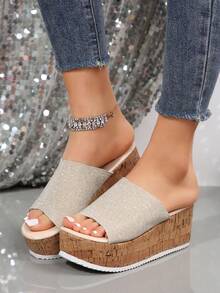 女性時尚優雅波西米亞風格銀色增高楔跟厚底涼鞋,舒適簡約,春夏新款增高涼鞋 - 銀色 - 查看 3