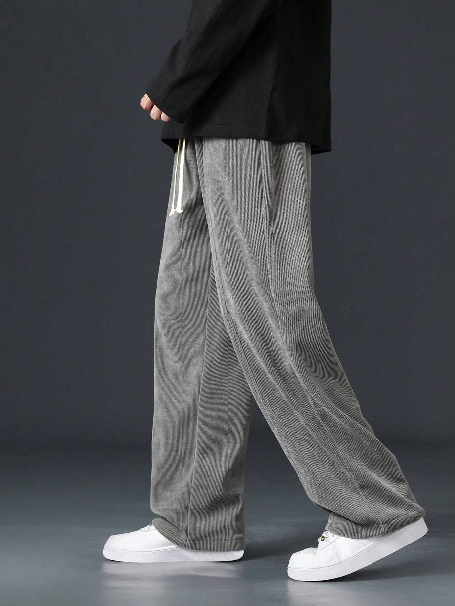 男士时尚休闲灯芯绒抽绳宽松长裤 - 淺灰色 - 查看 1