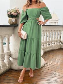 Rafferiza Đầm Maxi Dài Cổ Vuông Màu Trơn Có Viền Rỗng Xếp Nếp Cho Nữ - màu xanh lá - Xem 4