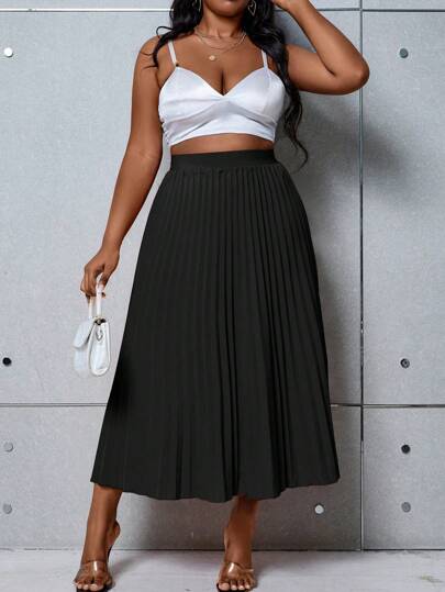 SHEIN Clasi Plus Size Basic Solid Color Pleated Skirt, Suitable For Spring And Summer