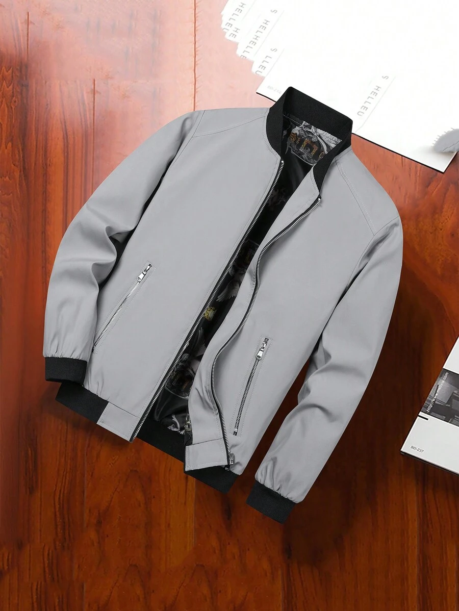 Chaqueta fresca con estampado de flores simple y elegante con forro de contraste y estilo versátil - Gris - Ver 1