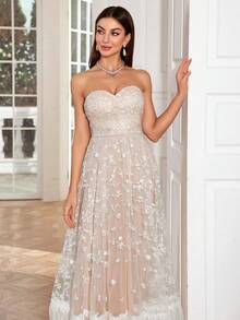 Mgiacy Floral Embroidery Lace Patchwork Strapless Ruffled Hem Bridal Shower Dress - White - View 6