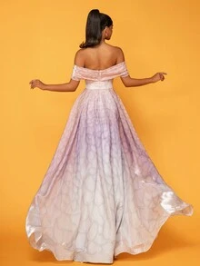 Women's Off-Shoulder Split Hem Long Formal Gown, Luxury Evening Dress - Baby Pink - View 2