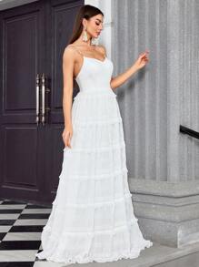 多层褶皱珍珠装饰长款婚纱，新娘送礼会礼服 - 白色 - 查看 5