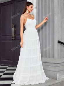 Layered Pleated Pearl Decor Long Wedding Dress, Bridal Shower Dress