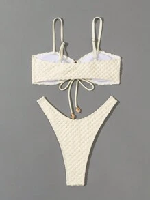 Costavie Ladies' Solid Front Cross Lace-Up Two-Piece Bikini Set, Summer Beach - Beige - View 5