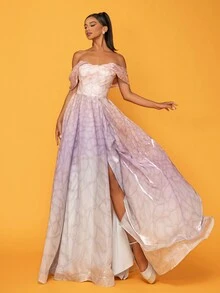 Women's Off-Shoulder Split Hem Long Formal Gown, Luxury Evening Dress - Baby Pink - View 3