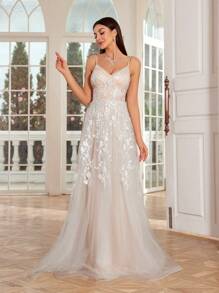 Mgiacy 浪漫刺绣蕾丝拼接网眼撞色细肩带摆裙白色优雅婚礼新娘礼服