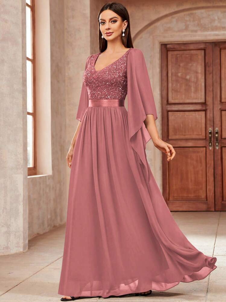 MIUSOL Vestido de fiesta maxi de gasa con cuello en V profundo, parches de lentejuelas y encaje floral, elegante vestido de fiesta para mujeres - Rosa vieja - Añade 4