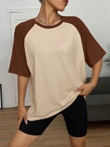 SHEIN EZwear Loose Fit Contrast Color Short Raglan Sleeve T-Shirt With Round Neck - Multicolor - View 4