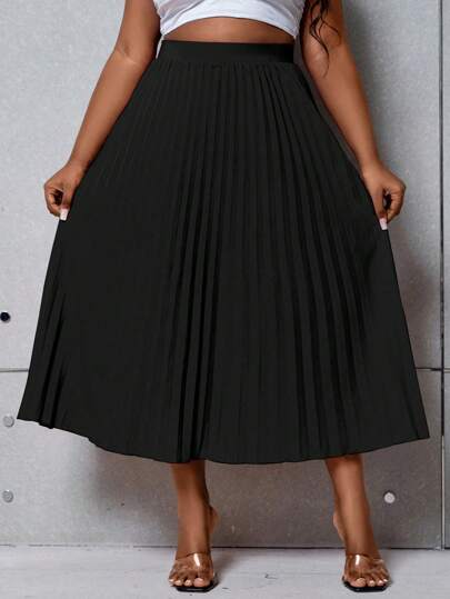 SHEIN Clasi Plus Size Basic Solid Color Pleated Skirt, Suitable For Spring And Summer
