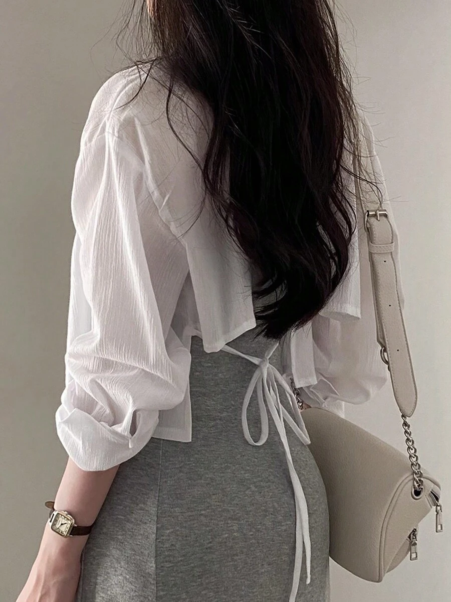 女款素色長袖襯衫,夏季休閒白色 - 白色 - 查看 1