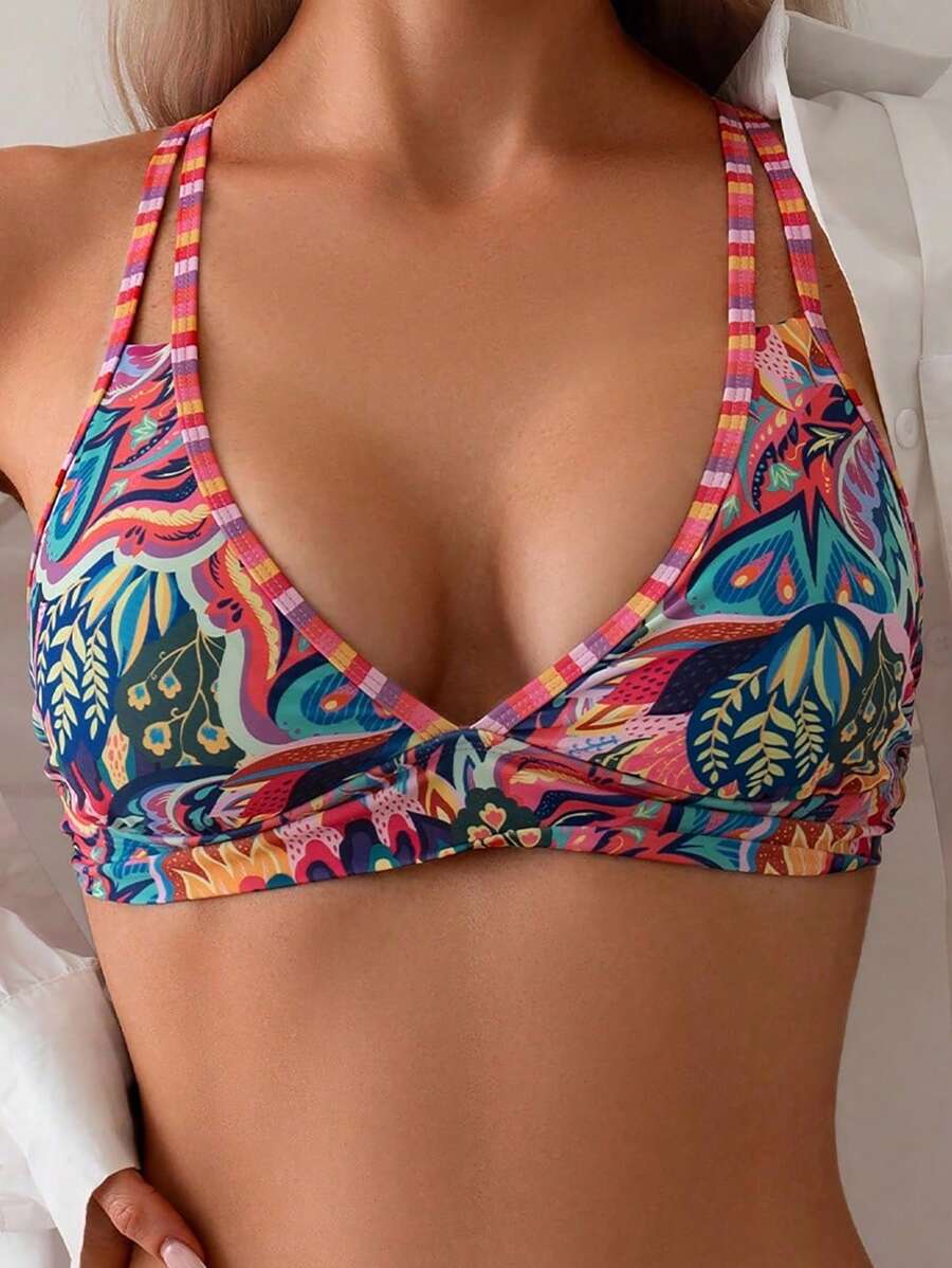 SHEIN Swim Women's Summer Beach V Neck Bikini Top, Random Printed - Multicolor - View 1