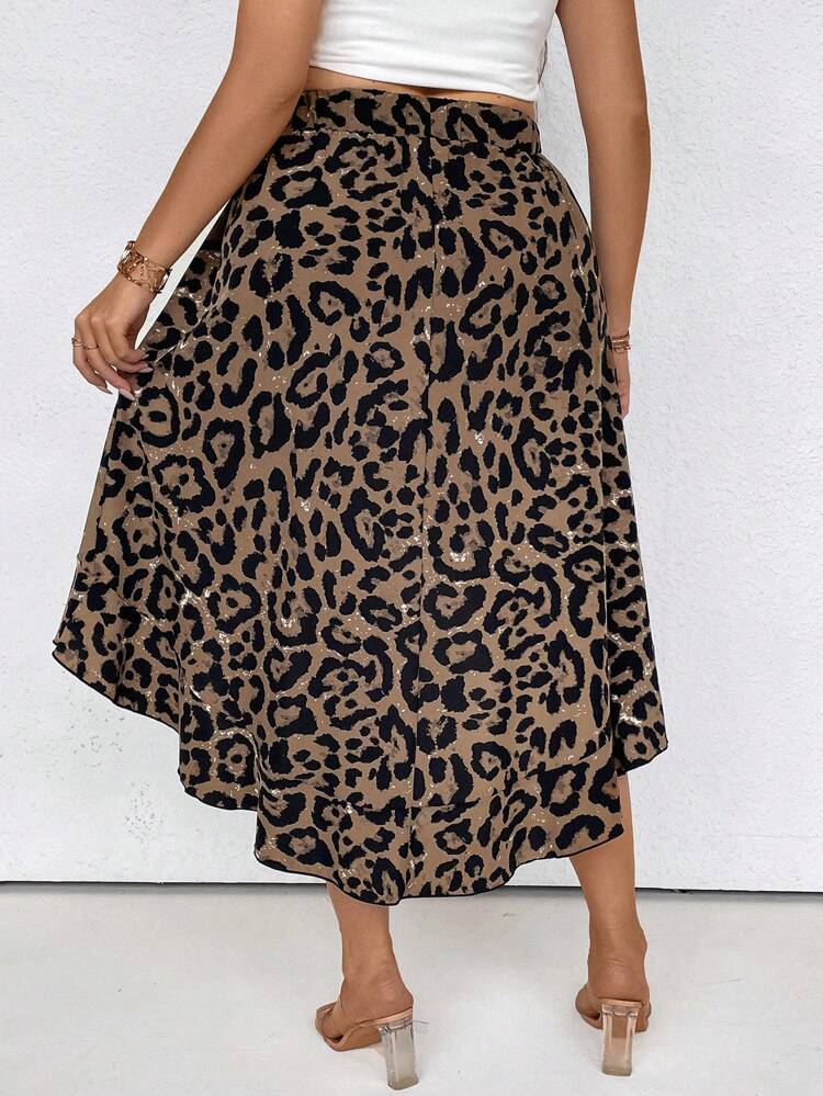 Plus Size Women's Leopard Print High-Low Hem Skirt