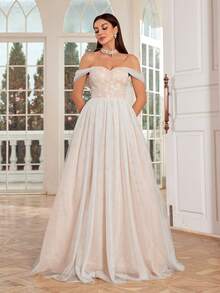 Váy cô dâu hở vai thêu lưới xòe - trắng - Xem 5