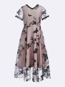 少女網眼拼接裙 - 黑色 - 查看 4