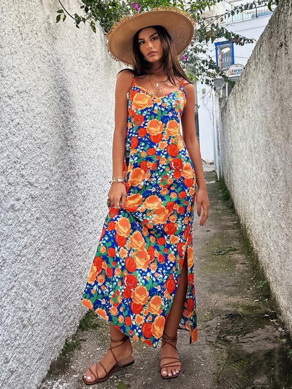 RueChic Imprimat Floral Multicolor, Curea Sphagetti, Rochie Maxi De Viscoza
