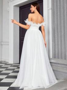 Mgiacy Off Shoulder Mesh Floral Applique Waist Bridal Shower Dress Wedding Dress,Bride - White - View 2