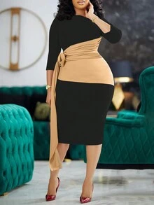 Đầm bodycon thời trang màu khối tự buộc dây cỡ lớn cho mùa xuân và mùa hè - màu đen - Xem 3